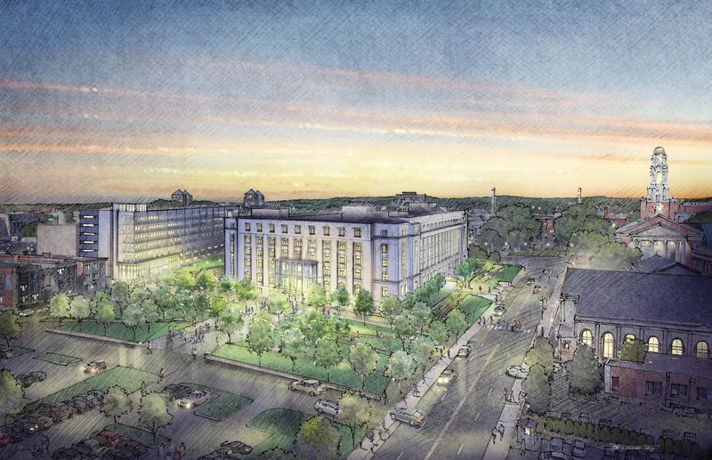 This rendering shows the exterior of the State Office Building in Hartford after a $205 million renovation. The renovations include a new entrance on the east side of the building and the addition of a landscaped plaza, about the size of a football field.